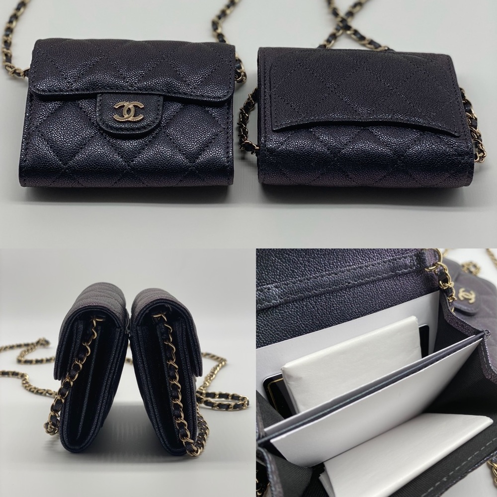 Authentic 19S Chanel XL card case w/ Chain, black caviar GHW. New unused